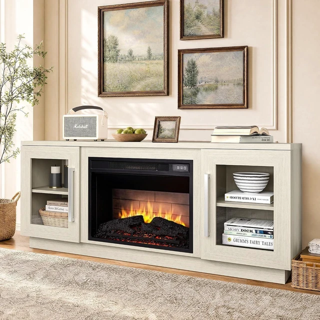 Main image of Cheerway 3D Fireplace TV Stand for TVs up to 65, Wooden Media Entertainment Center Table & TV Cabinets w/Storage Shelves & Barn Door, Electric Fireplace with Adjustable Flame, Antique White