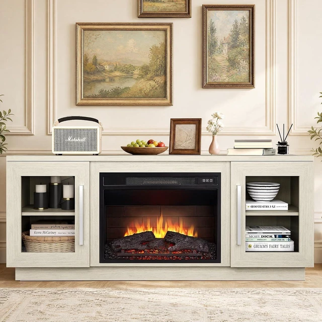 Alt view image 2 of 7 - Cheerway 3D Fireplace TV Stand for TVs up to 65, Wooden Media Entertainment Center Table & TV Cabinets w/Storage Shelves & Barn Door, Electric Fireplace with Adjustable Flame, Antique White