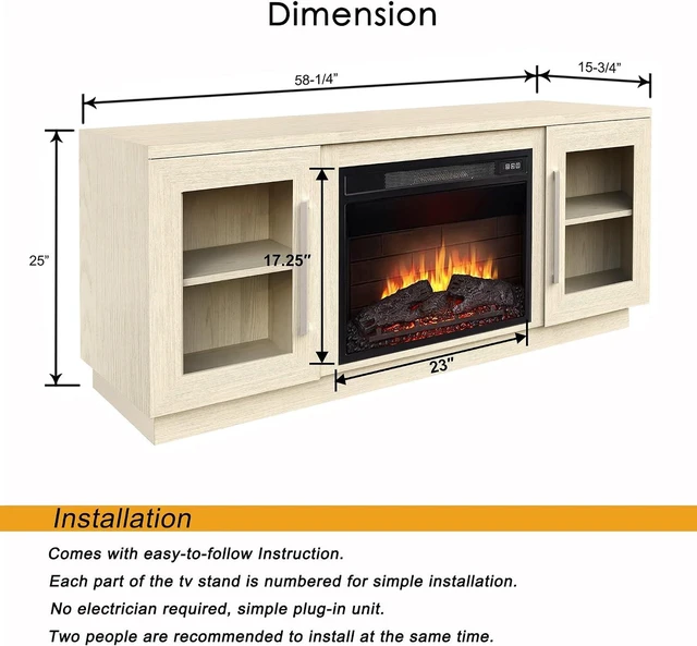Alt view image 4 of 7 - Cheerway 3D Fireplace TV Stand for TVs up to 65, Wooden Media Entertainment Center Table & TV Cabinets w/Storage Shelves & Barn Door, Electric Fireplace with Adjustable Flame, Antique White