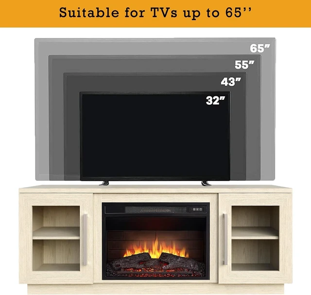 Alt view image 5 of 7 - Cheerway 3D Fireplace TV Stand for TVs up to 65, Wooden Media Entertainment Center Table & TV Cabinets w/Storage Shelves & Barn Door, Electric Fireplace with Adjustable Flame, Antique White