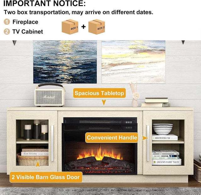 Alt view image 6 of 7 - Cheerway 3D Fireplace TV Stand for TVs up to 65, Wooden Media Entertainment Center Table & TV Cabinets w/Storage Shelves & Barn Door, Electric Fireplace with Adjustable Flame, Antique White
