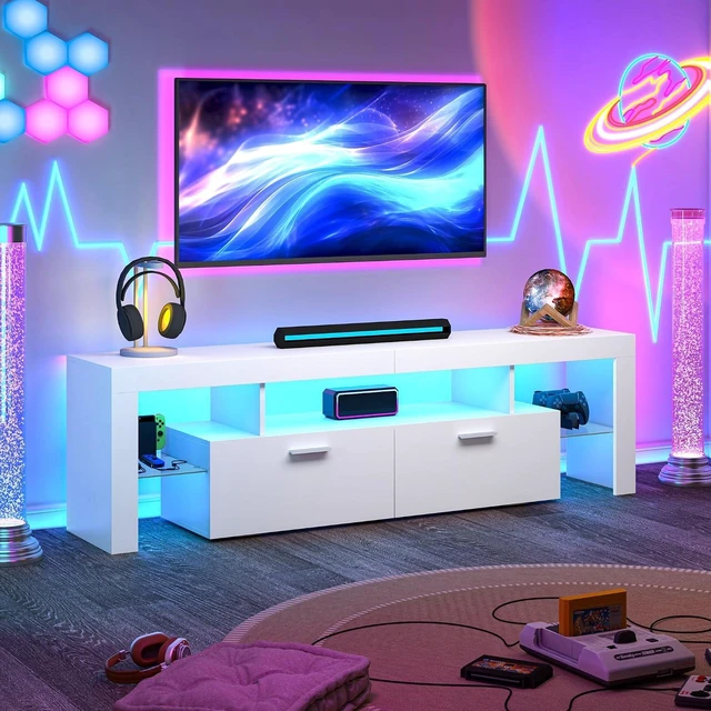 Alt view image 2 of 7 - Clikuutory Modern Lighting 63 inch TV Stand with Large Storage Drawer for 50 55 60 65 70 75 Inch TVs, TV Console with 20 Color LED Lights, Entertainment Center Media and Open Shelf for Bedroom, White