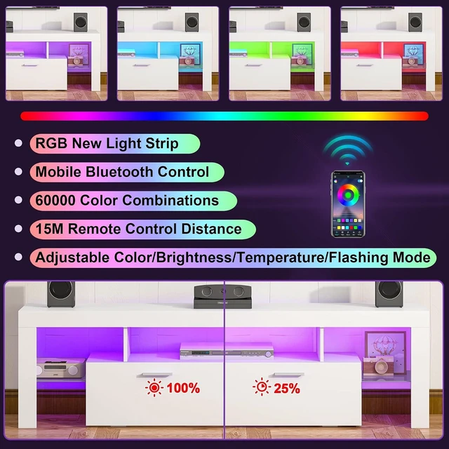 Alt view image 3 of 7 - Clikuutory Modern Lighting 63 inch TV Stand with Large Storage Drawer for 50 55 60 65 70 75 Inch TVs, TV Console with 20 Color LED Lights, Entertainment Center Media and Open Shelf for Bedroom, White