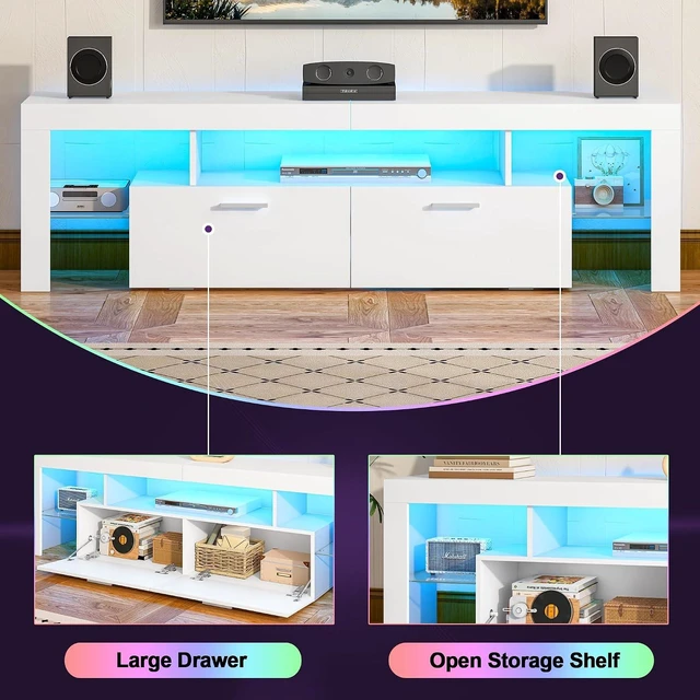 Alt view image 4 of 7 - Clikuutory Modern Lighting 63 inch TV Stand with Large Storage Drawer for 50 55 60 65 70 75 Inch TVs, TV Console with 20 Color LED Lights, Entertainment Center Media and Open Shelf for Bedroom, White