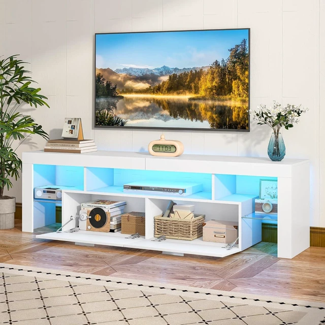 Alt view image 7 of 7 - Clikuutory Modern Lighting 63 inch TV Stand with Large Storage Drawer for 50 55 60 65 70 75 Inch TVs, TV Console with 20 Color LED Lights, Entertainment Center Media and Open Shelf for Bedroom, White