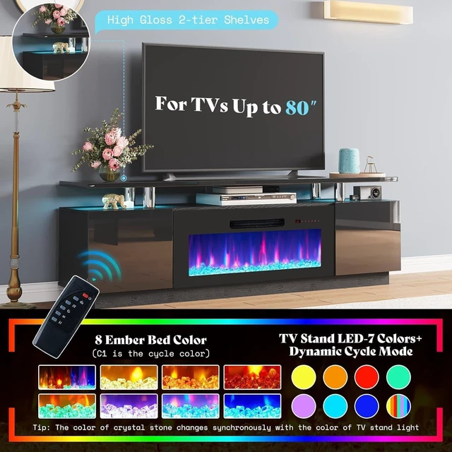Alt view image 3 of 7 - AMERLIFE 70" High-Gloss Fireplace TV Stand with 36" Electric Fireplace
