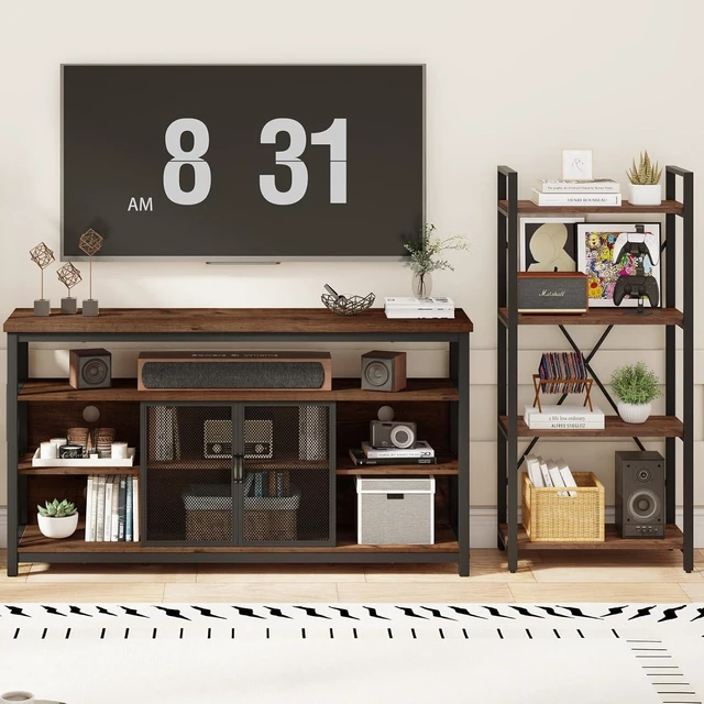 Alt view image 7 of 7 - BON AUGURE Tall TV Stand for TVs up to 65 Inch, Industrial Wood Entertainment Center with Storage Cabinet, Farmhouse TV Media Console for Living Room and Bedroom (32 Inch High, Rustic Oak)