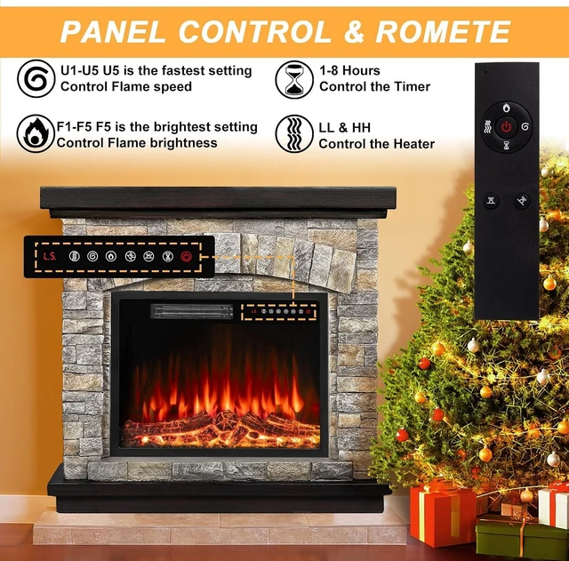Alt view image 2 of 7 - 36 inch Electric Fireplace with Mantel, Faux Stone Finish, Gray