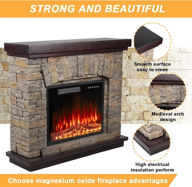 Alt view image 3 of 7 - 36 inch Electric Fireplace with Mantel, Faux Stone Finish, Gray