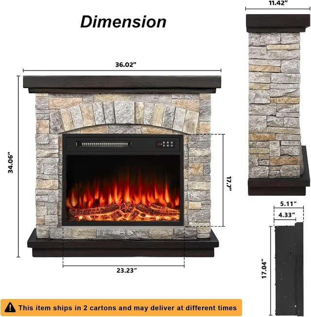 Alt view image 6 of 7 - 36 inch Electric Fireplace with Mantel, Faux Stone Finish, Gray