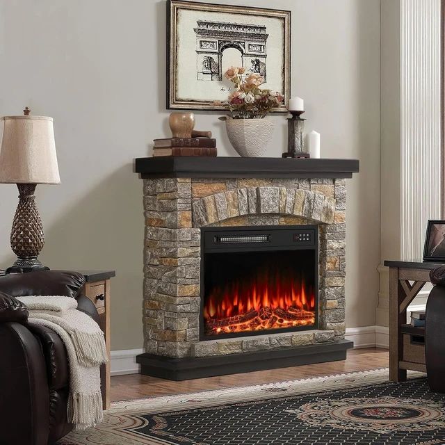 Alt view image 7 of 7 - 36 inch Electric Fireplace with Mantel, Faux Stone Finish, Gray