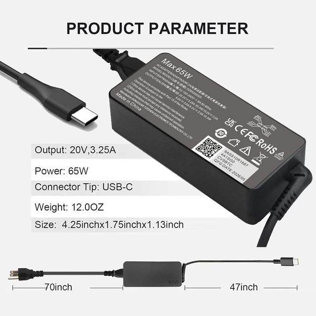 Alt view image 2 of 7 - USB C 65W Laptop Charger Compatible with Lenovo Thinkpad X1 X13 T14 T15