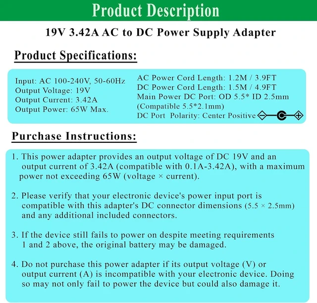 Alt view image 2 of 7 - DC 19V 3.42A Power Supply, 19 V AC Adapter, 19 Volt Laptop Charger, AC 100-240V 50-60hz, for 19Vdc Gateway Toshiba Acer Lenovo Asus Laptop, for JBL Speaker, for LG LCD Monitor.