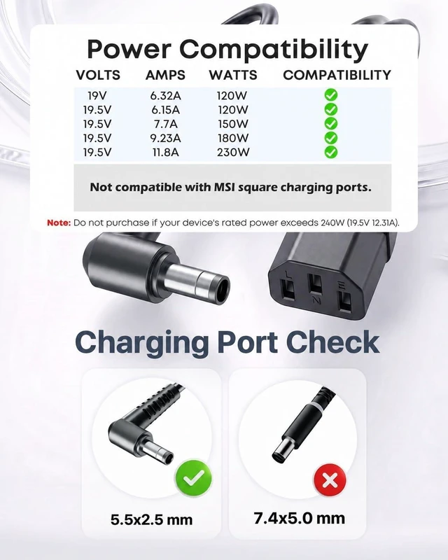 Alt view image 2 of 6 - 230W Charger Fit for MSI GS66 Stealth Eluktronics Gigabyte Laptop