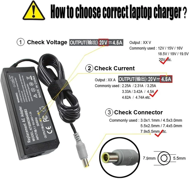 Alt view image 2 of 7 - 90W 20V 4.5A AC Adapter Charger Compatible with Lenovo Thinkpad T60 T61 T400 T410 T420 T430 T500 T510 T520 T530 X60 Z60 X200 X201 X220 X230 X61 L420 L430 Edge 14 15 E420 E430 E530 Power Supply