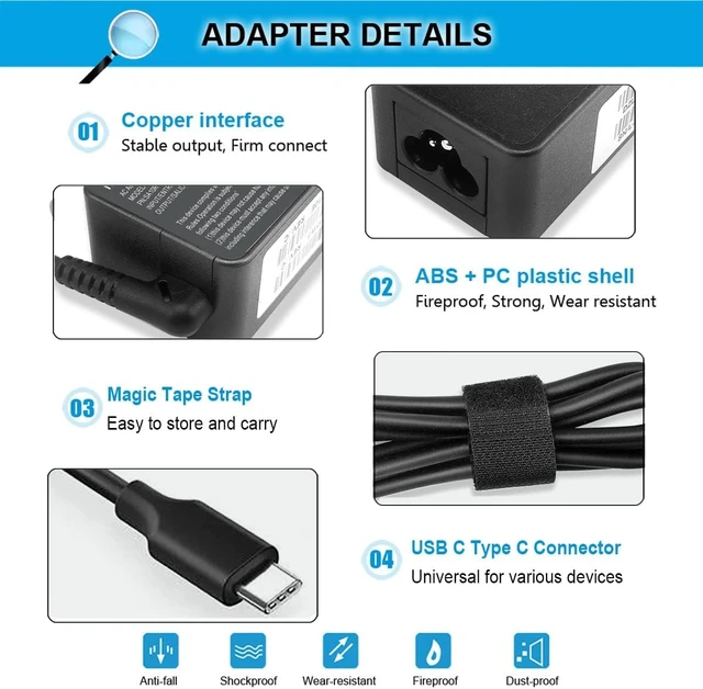 Alt view image 4 of 7 - 65W Type C USB-C Charger for Lenovo Chromebook 100e 300e 500e C330 C340 S330 Yoga C930 C740 S730 730 730S 720 910 920 ThinkPad X1 Carbon 5th 6th 7th 8th Gen T480s T490s T580s T580 T590 T480 E480