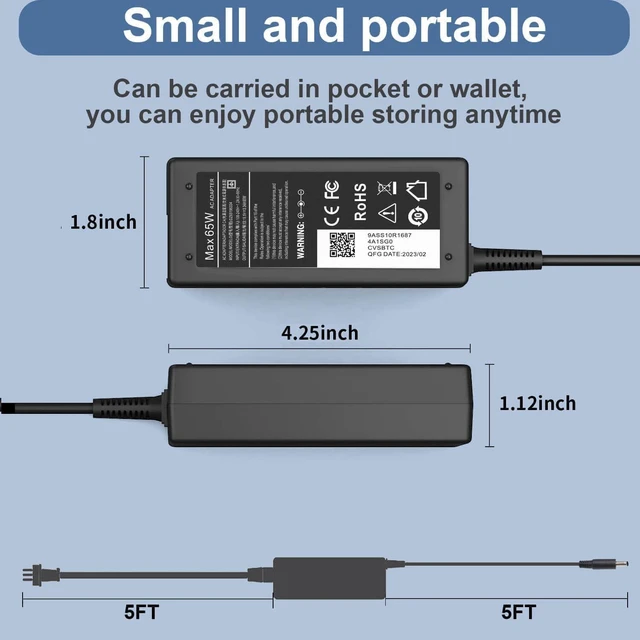 Alt view image 3 of 7 - 65W 45W AC Adapter Charger for Dell Inspiron 13-7000 15-5000 15-3000 Series