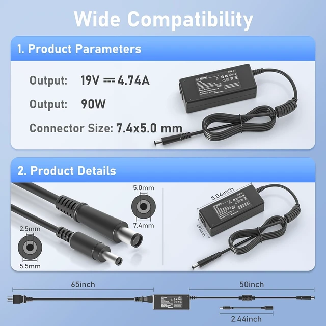 Alt view image 5 of 6 - 90W 65W Power Cord for HP All-in-One Desktop 20" 22" 24" 24-DD 24-DF 24-DP