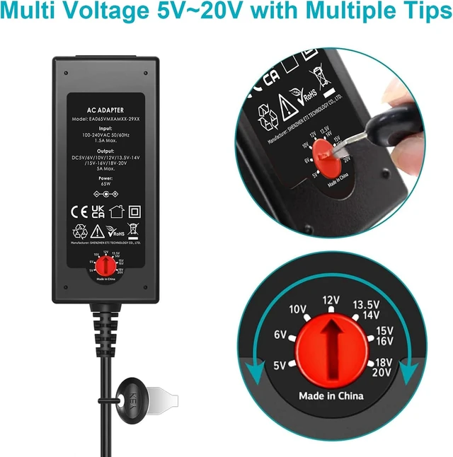 Alt view image 5 of 7 - 65W Laptop Charger 5V6V10V12V13.5V 14V 15V 16V 18V 18.5V 19V 19.5V 20V 5A