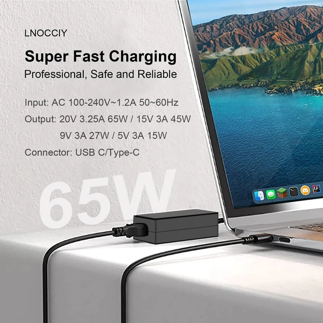 Alt view image 4 of 5 - 20V 3.25A 65W USB-C Laptop Charger for Dell Pro 16 14 13 Plus