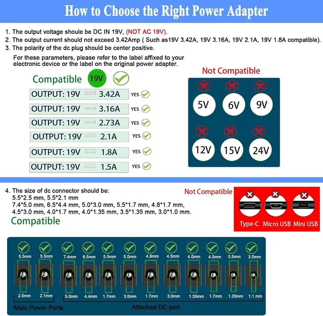 Alt view image 3 of 7 - 19V DC Power Supply, 19V 3.42A Laptop Charger, 19Volt LCD Monitor Power Cord with 10 Tips. fit for 19 Volt 3.42A 3.16A 2.64A 2.37A 2.1A 1.58A 45W 50W 60W 65W AC Adapter.