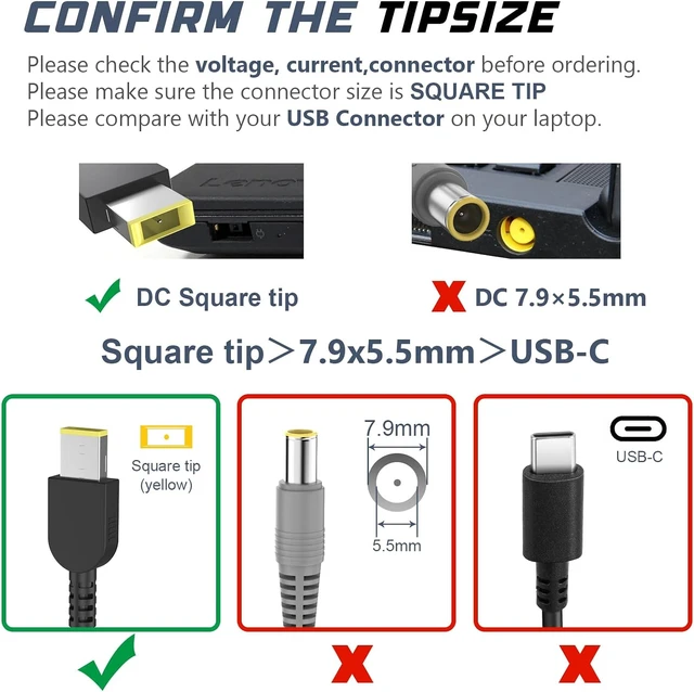 Alt view image 4 of 7 - TREE.NB 20V 3.25A 65W Rectangle USB Tip Laptop AC Adapter for Lenovo Thinkpad T470 T470S T460 E531 E570 E560 L470 L460 L440 T440 T450 T540P X270 X250 X240 Laptop Charger with Power Adapter