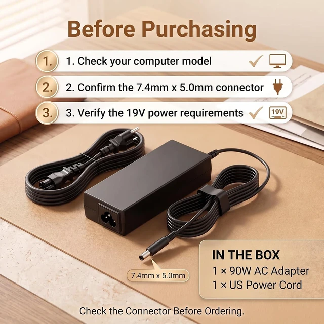 Alt view image 5 of 7 - 90W Power Supply for HP All-in-One PC 18 20 23", 19V 4.74A 7.4x5.0mm
