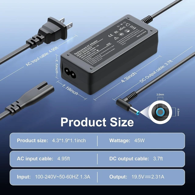 Alt view image 3 of 7 - 45W Laptop Charger Smart Blue Tip for HP Stream,Pavilion,EliteBook