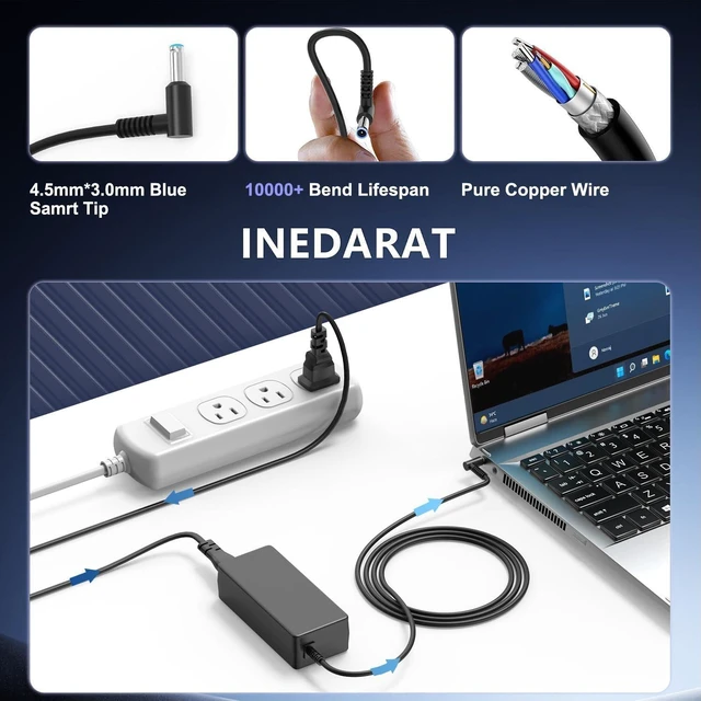 Alt view image 4 of 7 - 45W Laptop Charger Smart Blue Tip for HP Stream,Pavilion,EliteBook