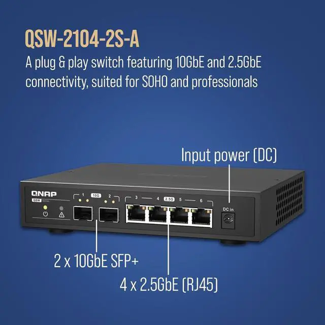 Alt view image 2 of 6 - QNAP QSW-2104-2S-A-US: 2.5GbE RJ45 & 10G SFP+ Plug & Play Network Switch