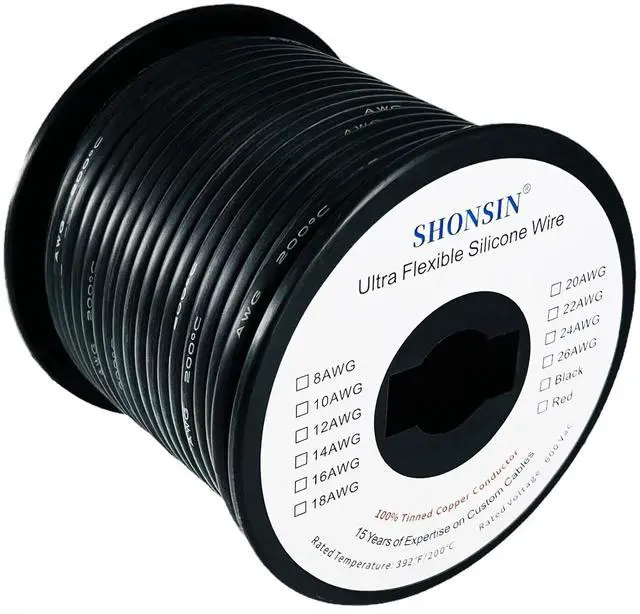 Main image of 16 Gauge Silicone Wire Spool 100FT Black, Extremely Flexible 16 AWG Automotive Wire, 252 Strands 0.08mm Tinned Stranded Copper (1.27mm2) High Temp 392/200 Rating 20 Amp 600V
