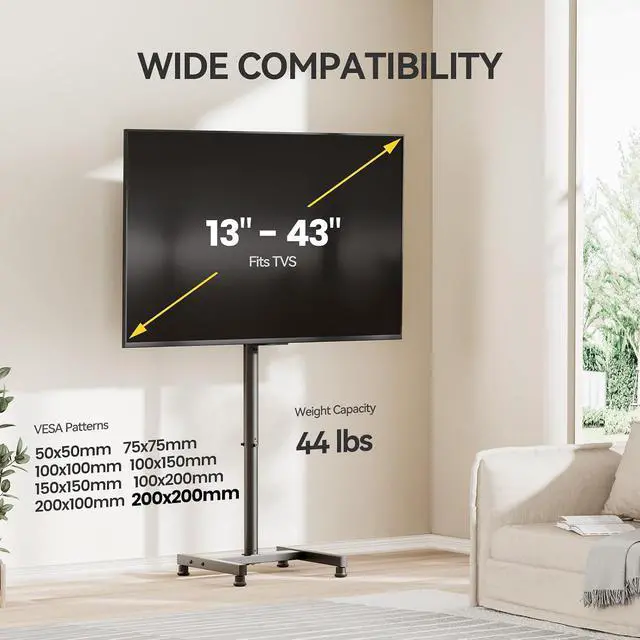 Alt view image 2 of 7 - AM alphamount TV Floor Stand for 13-43 inch Flat/Curved TVs up to 44 lbs, 8 Level Height Adjustable Monitor Floor TV Stand with VESA 200x200, Portable TV Mount Stand for Living Room, Bedroom, Office
