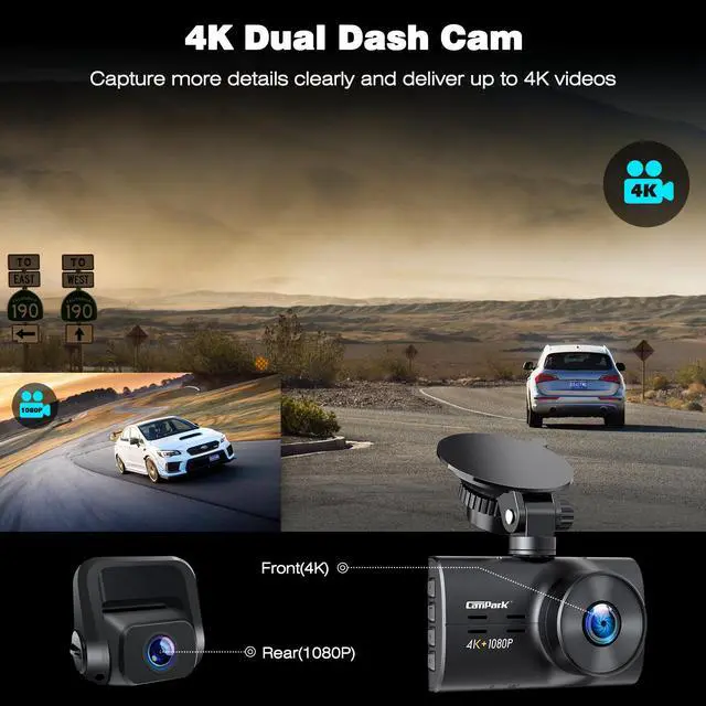 Alt view image 2 of 7 - CAMPARK Dash Cam Native 4K Front &1080P Rear Car Camera Car Driving Recorder Night Vision, Motion Detection, Parking Monitoring, G-Sensor, Loop Recording, 3" IPS Screen, 170° FOV, Support 256GB