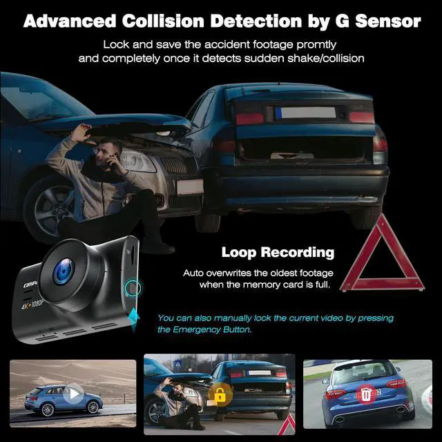 Alt view image 5 of 7 - CAMPARK Dash Cam Native 4K Front &1080P Rear Car Camera Car Driving Recorder Night Vision, Motion Detection, Parking Monitoring, G-Sensor, Loop Recording, 3" IPS Screen, 170° FOV, Support 256GB