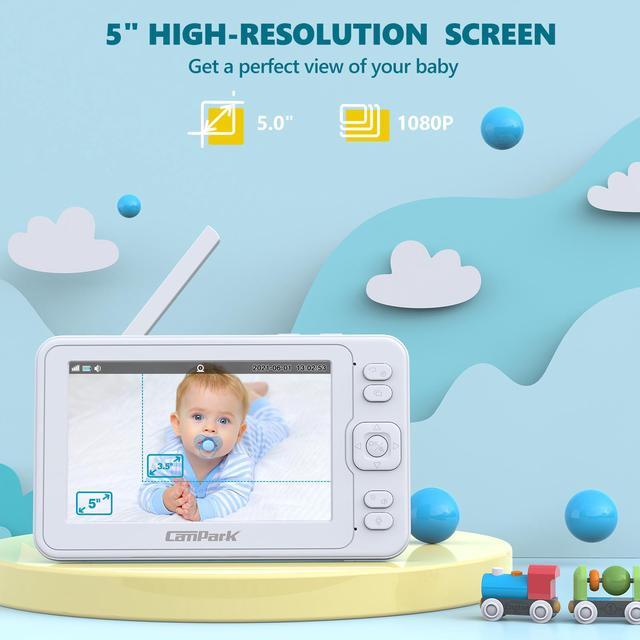Alt view image 2 of 7 - CAMPARK Video Baby Monitor,5” LCD Screen 1080P Baby Monitor with Camera, Two Way Talk,Infrared Night vision,Temperature monitor and Alert,VOX Mode, 8 Lullabies Remote Pan 355°and Tilt 110°Baby Care Ca