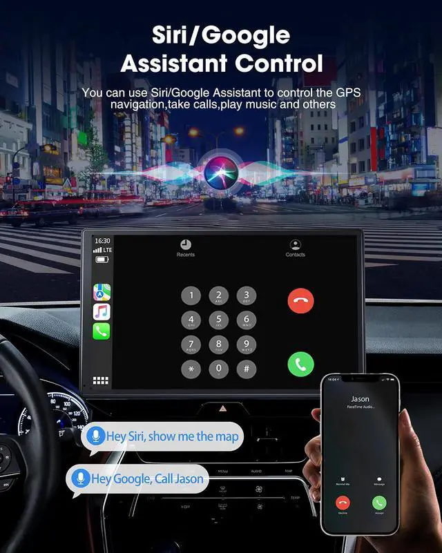 Alt view image 5 of 7 - CAMPARK 9 Inch Portable Wireless Apple Carplay & Android Auto, 1080P Full HD Touch Car Play GPS Navigation Screen Radio Receiver, Car Stereo with Mirror Link, Reverse Camera, Bluetooth, FM, Siri
