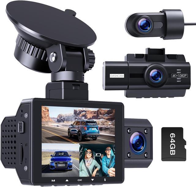3 Channel 4K Dash Cam, Dash Camera for Cars with Free 64GB SD Card,  4K+1080P+1440P Dash Cam Front and Rear Inside, Super Night Vision, Loop  Recording