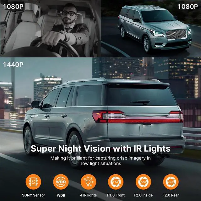 Alt view image 3 of 7 - CAMPARK 4K Dash Cam 3 Channel 1440P+1080P+1080P Car Camera with a 64GB SD Card Driving Recorder with IR Night Vision, Capacitor, Parking Mode, G-Senso