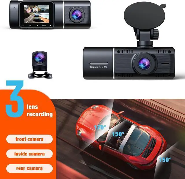Alt view image 5 of 7 - CAMPARK 3 Channel Dash Cam Front and Rear Camera 64GB U3 SD Card Inside Cabin Car Camera IR Night Vision Emergency Locking Parking Moniot WDR 2 Mounting Options
