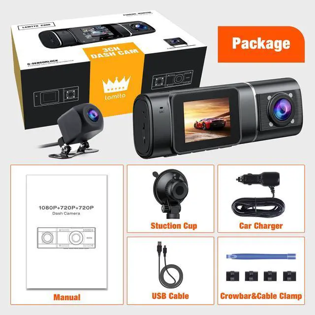 Alt view image 7 of 7 - CAMPARK 3 Channel Dash Cam Front and Rear Camera 64GB U3 SD Card Inside Cabin Car Camera IR Night Vision Emergency Locking Parking Moniot WDR 2 Mounting Options