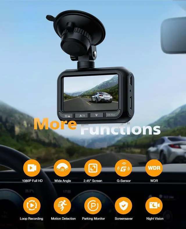 Alt view image 2 of 7 - CAMPARK  DC18 Dash Cam Front 1080P FHD 2.45" Dash Camera for Cars 170° Wide Angle Car Camera with Super Night Vision, WDR, G-Sensor, Loop Recording