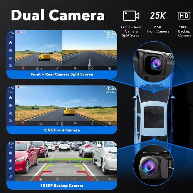 Alt view image 2 of 7 - LAMTTO 9.26" Wireless Car Stereo Apple Carplay with 2K Dash Cam, 1080P Backup Camera, Portable Touchscreen GPS Navigation for Car, Car Stereo Receiver with Bluetooth, AirPlay, AUX/FM, Googel, Siri
