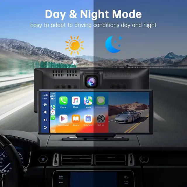 Alt view image 4 of 7 - LAMTTO 9.26" Wireless Car Stereo Apple Carplay with 2K Dash Cam, 1080P Backup Camera, Portable Touchscreen GPS Navigation for Car, Car Stereo Receiver with Bluetooth, AirPlay, AUX/FM, Googel, Siri