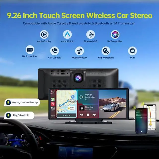 Alt view image 5 of 7 - LAMTTO 9.26" Wireless Car Stereo Apple Carplay with 2K Dash Cam, 1080P Backup Camera, Portable Touchscreen GPS Navigation for Car, Car Stereo Receiver with Bluetooth, AirPlay, AUX/FM, Googel, Siri