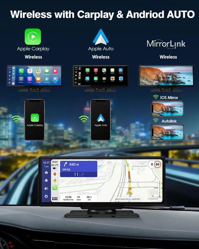 Alt view image 4 of 7 - LAMTTO 9.26" Wireless Car Stereo Apple Carplay with 2K Dash Cam, 1080P Backup Camera, Portable Touchscreen GPS Navigation for Car, Car Stereo Receiver with Bluetooth, AirPlay, AUX/FM, Googel, Siri