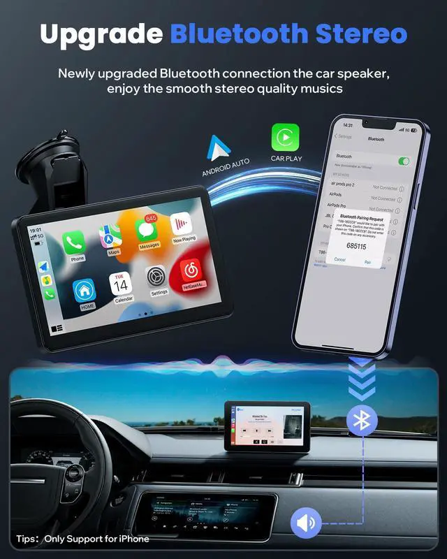 Alt view image 3 of 7 - LAMTTO 7" Touchscreen Car Stereo for Wireless Apple Carplay and Android Auto, Auto Touchscreen Portable Car Radio Receiver Bluetooth, FM, AUX, Voice Control