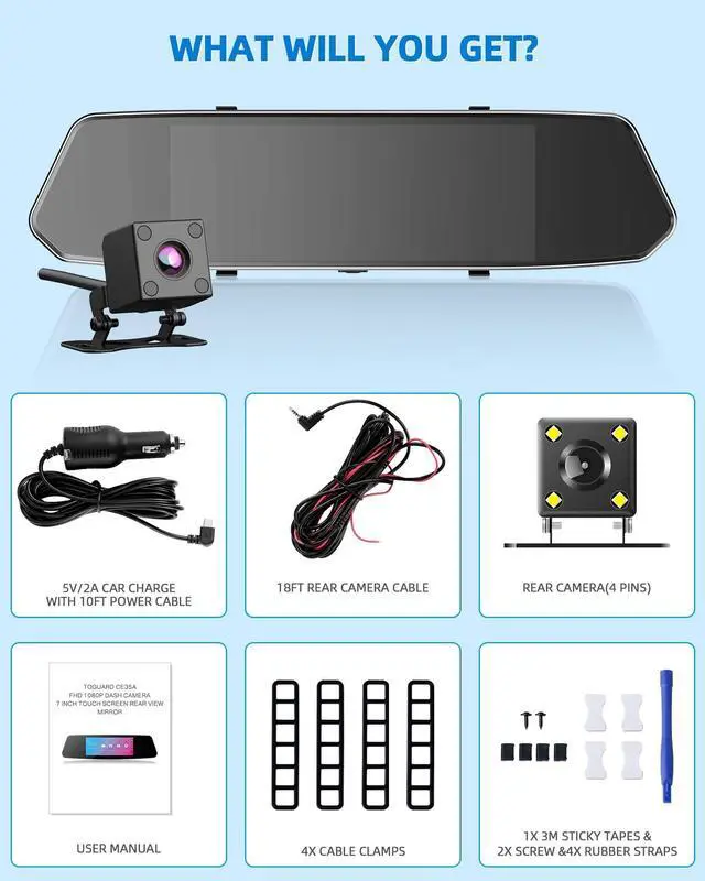 Alt view image 6 of 7 - CAMPARK Dash Camera 1080P Mirror Dual Dash Cam Front and Rear, TOGUARD 7" IPS Touch Screen, Infrared Night Vision, Motion Detection, G-Sensor