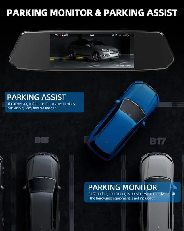 Alt view image 3 of 7 - CAMPARK Dash Camera 1080P Mirror Dual Dash Cam Front and Rear, TOGUARD 7" IPS Touch Screen, Infrared Night Vision, Motion Detection, G-Sensor