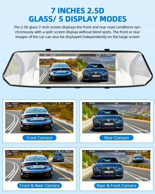Alt view image 2 of 7 - CAMPARK Dash Camera 1080P Mirror Dual Dash Cam Front and Rear, TOGUARD 7" IPS Touch Screen, Infrared Night Vision, Motion Detection, G-Sensor