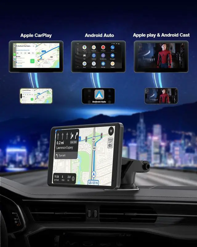 Alt view image 2 of 7 - LAMTTO Portable Wireless Car Stereo Apple Carplay&Android Auoto, 7" HD Touch Screen Car Stereo for Vehicle,  with Backup Camera, FM, AUX, Voice Control, GPS